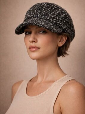 Charming Charlie Black Tweed Newsboy Hat Wool Blend Cap Chic